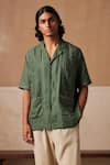 Cord_Green Linen Smocking Detailing Textured Shirt _at_Aza_Fashions