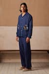 Buy_Cord_Blue Linen Hand Embroidered Floral Bloomer Lapel Collar Shacket And Pant Set _at_Aza_Fashions