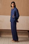 Cord_Blue Linen Hand Embroidered Floral Bloomer Lapel Collar Shacket And Pant Set_Online_at_Aza_Fashions