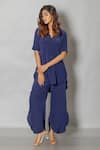 Pinki Sinha_Blue Crepe Solid Stand Collar Top And Pant Set_Online_at_Aza_Fashions