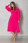 Buy_Pinki Sinha_Pink Crepe Solid Collar Midi Dress _at_Aza_Fashions