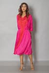 Pinki Sinha_Pink Crepe Solid V Neck Midi Kaftan Dress_Online_at_Aza_Fashions