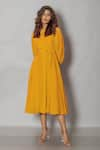 VISHWA BY PINKI SINHA_Yellow Crepe Solid Collar Buttoned Midi Dress _Online_at_Aza_Fashions