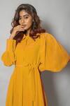 Buy_VISHWA BY PINKI SINHA_Yellow Crepe Solid Collar Buttoned Midi Dress _Online_at_Aza_Fashions