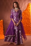 Buy_Pinki Sinha_Purple Banarasi Silk Floral V Neck Pattern Kurta Sharara Set_at_Aza_Fashions