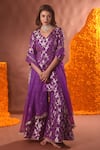 Shop_Pinki Sinha_Purple Banarasi Silk Floral V Neck Pattern Kurta Sharara Set_at_Aza_Fashions