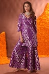 Buy_Pinki Sinha_Purple Banarasi Silk Floral V Neck Pattern Kurta And Sharara Set _at_Aza_Fashions