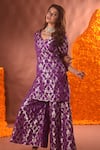 Shop_Pinki Sinha_Purple Banarasi Silk Floral V Neck Pattern Kurta And Sharara Set _at_Aza_Fashions