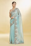 Priyal Bhardwaj_Blue Organza Hand Embroidered Sequin Resham Bordered Saree _at_Aza_Fashions