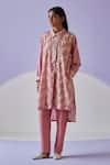 Buy_Surbhi Gupta_Pink Shirt Cotton Silk Print Hand Block Collar Bloom Long Trouser Set _at_Aza_Fashions