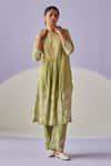 Buy_Surbhi Gupta_Green Kurta Cotton Silk Print Hand Block Bloomy Daisy With Trouser _at_Aza_Fashions