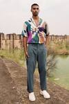 Buy_Kharakapas_Blue Twill Cotton Pleated Trouser _at_Aza_Fashions
