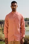 Kharakapas_Pink Linen Coral Crane Shirt  _Online_at_Aza_Fashions