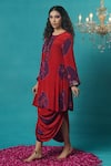 Jyoti Bansal_Red Crepe Tassels, Embroidery Round Neck Hand Tie And Dye Kurta With Skirt _Online_at_Aza_Fashions