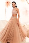 Buy_Payal & Zinal_Pink Net Embroidery Thread Cape Open Stripe Lehenga Set _Online_at_Aza_Fashions