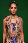 Payal & Zinal_Purple Muslin Printed Geometric Tribal Waistcoat Open Garden Sharara Set _Online_at_Aza_Fashions