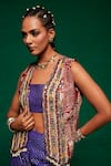 Buy_Payal & Zinal_Purple Muslin Printed Geometric Tribal Waistcoat Open Garden Sharara Set _Online_at_Aza_Fashions