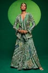 Buy_Payal & Zinal_Green Muslin Printed Floral V Neck Embroidered Jacket Kurta And Sharara Set _at_Aza_Fashions