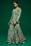 Payal & Zinal_Green Muslin Printed Floral V Neck Embroidered Jacket Kurta And Sharara Set _Online_at_Aza_Fashions