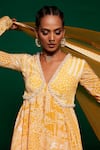 Payal & Zinal_Yellow French Crepe Printed Geometric V Neck Anarkali Set _at_Aza_Fashions