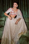 Buy_Rishi and Vibhuti_Ivory Chanderi Embroidered Thread V Neck Martini Moonlight Lehenga Set _at_Aza_Fashions