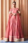 Buy_Rishi and Vibhuti_Pink Organza Embroidered Thread Round Vintage Rose Lehenga Set _at_Aza_Fashions