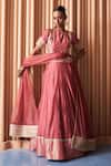 Rishi and Vibhuti_Pink Organza Embroidered Thread Round Vintage Rose Lehenga Set _at_Aza_Fashions