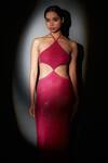 Itrh_Pink Net Crystals Halter Neck Elisha Embellished Gown _Online_at_Aza_Fashions