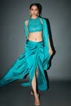 Buy_Itrh_Green Satin, Net Crystals Halter Neck Sabrinna Cape Draped Skirt Set _at_Aza_Fashions