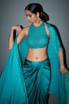 Buy_Itrh_Green Satin, Net Crystals Halter Neck Sabrinna Cape Draped Skirt Set _Online_at_Aza_Fashions