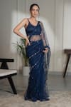 Shop_Saniya Sharma_Blue Modal, Net Crystals Scoop Neck Pre-draped Embellished Saree With Blouse _Online_at_Aza_Fashions