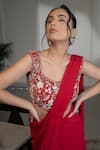 Shop_Saniya Sharma_Red Georgette, Net Embroidery, Pre-draped Saree With Floral Embellished Blouse _Online_at_Aza_Fashions