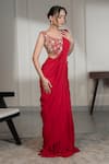 Shop_Saniya Sharma_Red Georgette, Net Embroidery, Pre-draped Saree With Floral Embellished Blouse _at_Aza_Fashions