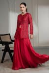 Shop_Saniya Sharma_Red Organza Embellished Cutdana Round Neck Tonal Tunic With Sharara_at_Aza_Fashions