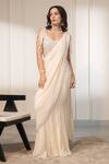 Buy_Saniya Sharma_Ivory Blouse Net Embellished Crystals V Neck Pre-draped Saree With Mirror_at_Aza_Fashions