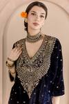 Gulabo Jaipur_Blue Velvet Embroidery V-neck Chitra Kurta And Pant Set_at_Aza_Fashions