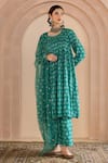 Buy_Gulabo Jaipur_Green Cotton, Organza Embroidery Round Shriya Floral Block Print Kurta Pant Set _at_Aza_Fashions