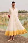 Buy_Kharakapas_Off White Mul Cotton Mandarin Collar Sunbird Maxi Dress  _at_Aza_Fashions