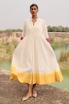 Kharakapas_Off White Mul Cotton Mandarin Collar Sunbird Maxi Dress  _Online_at_Aza_Fashions