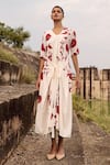 Buy_Kharakapas_Off White Cotton V-neck Pomarine Lino Print Dress _at_Aza_Fashions