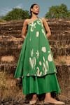 Buy_Kharakapas_Green Cotton Asymmetric Forest Lino Print Layered Dress _at_Aza_Fashions
