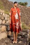 Buy_Kharakapas_Red Mul Cotton Printed Lino Collar Eider Dress _at_Aza_Fashions