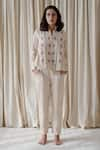 Buy_Vanaras_Beige Organic Cotton Embroidered Floral Stand Collar April Rae Top And Pant Set _at_Aza_Fashions