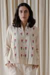 Shop_Vanaras_Beige Organic Cotton Embroidered Floral Stand Collar April Rae Top And Pant Set _Online_at_Aza_Fashions