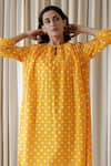 Vanaras_Yellow Organic Cotton Maple Polka Dot Print Gathered Dress _Online_at_Aza_Fashions