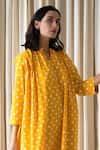 Vanaras_Yellow Organic Cotton Maple Polka Dot Print Gathered Dress _at_Aza_Fashions