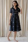 Vanaras_Black Organic Cotton Embroidered Motif V Neck Becca Midi Dress  _Online_at_Aza_Fashions