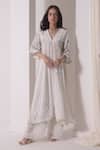 Buy_Shwetanga_White Crepe Embellished Sequin V Neck Ruched Kurta With Pant_at_Aza_Fashions