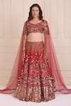 Buy_Shwetanga_Red Raw Silk Embroidery Sequin Sweetheart Neck Petunia Bloom Bridal Lehenga Set _at_Aza_Fashions