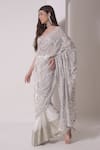 Buy_Shwetanga_White Organza Print Foil Queen Anne Sequin Wave Embellished Saree With Blouse_Online_at_Aza_Fashions
